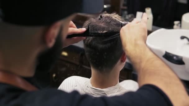 Vue arrière d'un client assis près du miroir tandis qu'un barbier barbu effectue une coupe de cheveux avec des ciseaux et peigner son client — Video