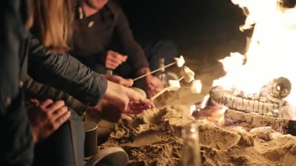 Groep multi-etnische jongeren zitten bij het haardvuur op het strand 's avonds laat, marshmallow roosteren op stokken boven het vuur samen — Stockvideo