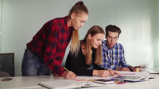 Grupo de jóvenes diseñadores hipster cool en ropa casual trabajando juntos en la sala de reuniones creando un proyecto juntos y compartir sus ideas. Trabajo en equipo en la oficina moderna — Vídeos de Stock