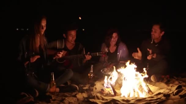 Późno w nocy piknik młodych ludzi z ognisko wieczorem. Wesoły znajomi, śpiewając piosenki i gra na gitarze, rozmawiając i wspólna zabawa — Wideo stockowe