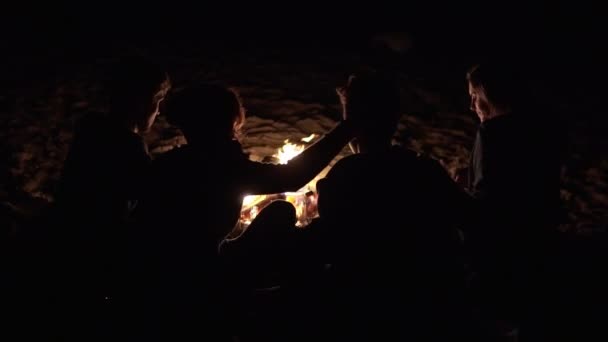 Vista posterior de los jóvenes sentados juntos junto al fuego a altas horas de la noche y abrazándose. Amigos alegres hablando y divirtiéndose juntos — Vídeos de Stock