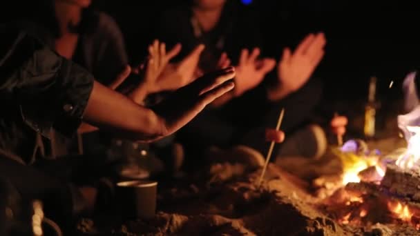 Divers groupes de jeunes hommes et de jeunes femmes assis près du feu de joie le soir, se réchauffant les mains et parlant — Video