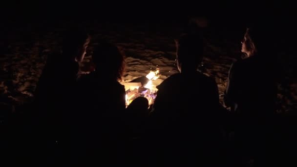 Vista trasera de personas irreconocibles sentadas juntas junto al fuego tarde en la noche. Amigos alegres hablando y divirtiéndose juntos — Vídeo de stock