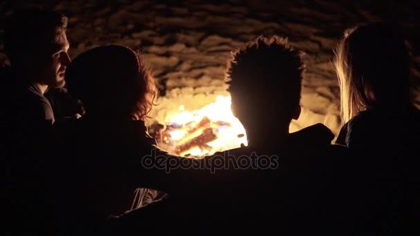 Vista posterior de un grupo diverso de personas sentadas juntas por el fuego tarde en la noche y abrazándose. Amigos alegres hablando y divirtiéndose juntos — Vídeo de stock