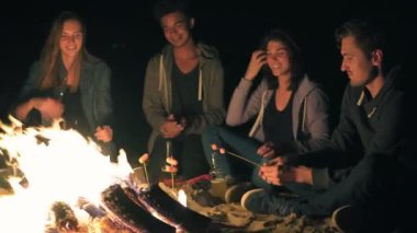 Bir grup genç arkadaş gecenin geç saatlerinde şöminenin başında oturmuş sosis pişiriyor, bira içiyor, konuşuyor ve eğleniyorlar.