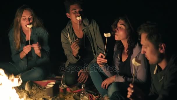 Gruppo di amici multietnici felici che si accampano accanto al fuoco di notte ridendo e arrostendo marshmallow — Video Stock