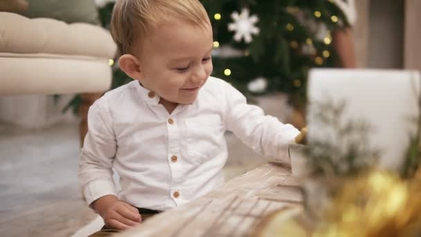 Feliz chico lindo en camisa blanca sentado en el suelo con un árbol de Navidad en el fondo — Vídeo de stock