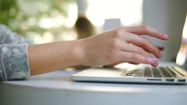 Nahaufnahme weiblicher Hände bei der Arbeit am Laptop. Frau sitzt am Fenster im Café und tippt. weiße Tasse mit Kaffee auf dem Tisch — Stockvideo