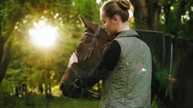 Genç güzel kadın kahverengi at güneşli bir ormandaki dururken sevişme closeup görünümü. Mercek parlaması