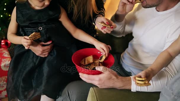 Vista de perto da família feliz de quatro pessoas sentadas na árvore de Natal e comendo biscoitos de chocolate. Bonita mãe, pai e duas filhas comemorando o Natal juntos. Tiro em câmara lenta — Vídeo de Stock