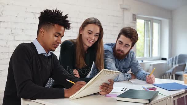 Multietnisk grupp människor som arbetar tillsammans. Ung afrikansk kille förklara något för hans kollegor som pekar till anteckningsboken. Glad mångskiftande grupp av studenter eller unga business-team som arbetar med projekt — Stockvideo