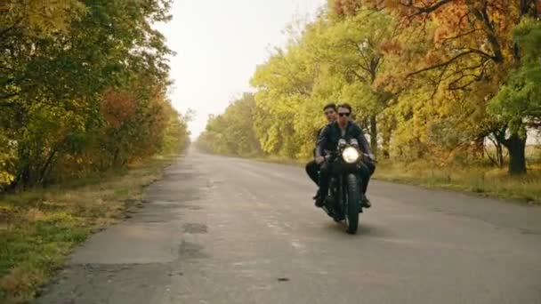 Красивий чоловік в сонцезахисних окулярах сидить зі своєю дівчиною за кермом мотоцикла і їде на асфальтній дорозі в лісі восени — стокове відео
