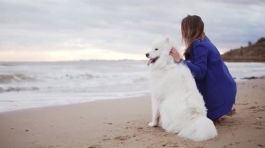 Arkadan görünüşü genç bir kadın kum üzerinde oturan ve köpeğini Samoyed kucaklayan doğurmak deniz kenarında. Sahilde denize bakarak beyaz kabarık pet. Gerçek dostluk. Slowmotion atış
