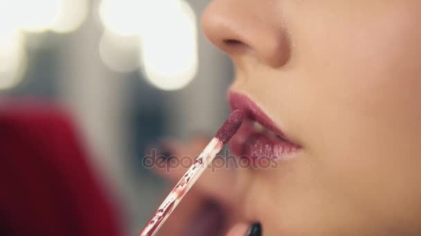 特写的看法, 一个专业的化妆师应用口红在模特的嘴唇在美容时尚行业工作。使用特殊画笔的艺术家手特写 — 图库视频影像