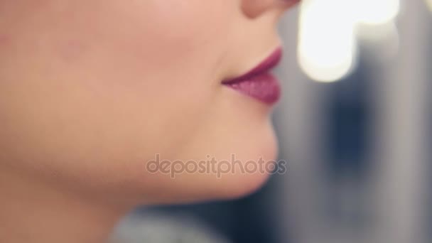Professional makeup artists hand applying lipstick or lip gloss on models lips working in beauty fashion industry. Slowmotion shot — Stock Video