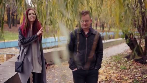 Pareja joven y romántica caminando bajo el árbol en el parque de otoño durante el día. La manta de hojas doradas en el suelo. Clima cálido en otoño — Vídeos de Stock