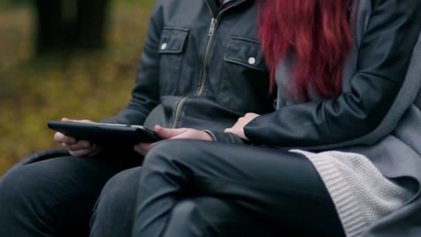 Linda pareja sentada en un banco en el parque de otoño y usando una tableta digital juntos. Mujer joven con el pelo rojo y atractivo hombre en una chaqueta de cuero discutiendo algo — Vídeos de Stock