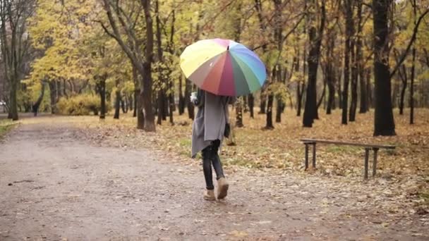 Вид сзади на молодую женщину с рыжими волосами, гуляющую в осеннем парке с разноцветным радужным зонтиком и держащую бумажную чашку с кофе. Девушка в теплом пальто наслаждается прохладной осенней погодой с чашкой горячего напитка — стоковое видео