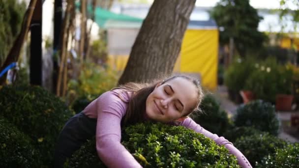 Fiorista sorridente in grembiule che abbraccia bosso verde nella serra, sorridente e guardando nella macchina fotografica. Donna felice nella serra ama il buxus e il suo lavoro — Video Stock