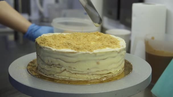 Cubriendo el pastel de Napoleón con pan molido y extendiéndolo uniformemente en la parte superior con espátula de confitería. Rociar pastel con migas. Receta tradicional de delicioso pastel . — Vídeo de stock