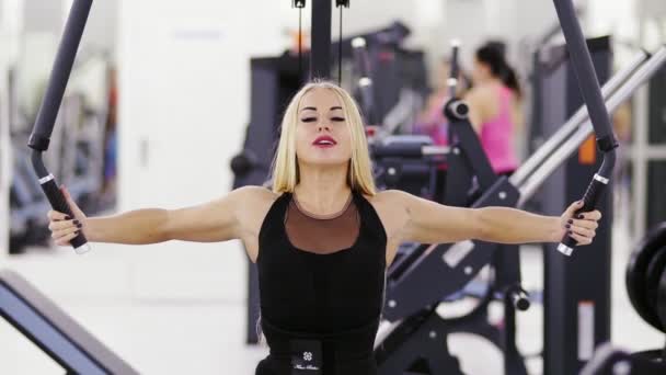Belle bodybuilder féminin effectue des exercices à la salle de gym. Bras forts, endurance, fitness . — Video