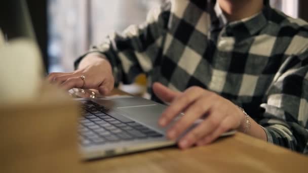 Precisas manos femeninas escribiendo algo en el teclado del ordenador portátil . — Vídeos de Stock