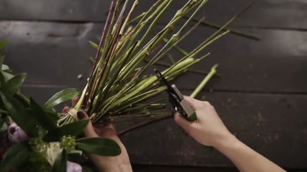 Hermosas manos femeninas cortan los tallos de las flores con una podadora en una superficie oscura. Estudio floral. Tiro superior — Vídeos de Stock