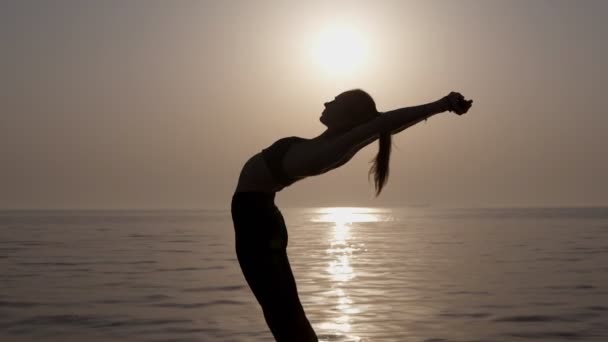 Silhueta feminina com um belo céu matutino e mar calmo no fundo. Menina magro exercitando, fazendo pose ponte. Flexibilidade. Cais. Vista frontal — Vídeo de Stock