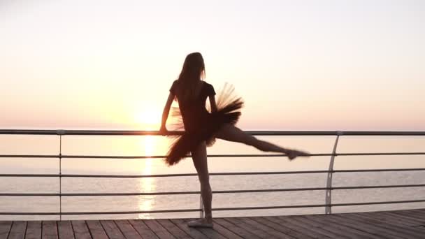 Ballerina stands facing to the sea or ocean in a black tutu. Young beautiful woman practicing stretching and exercises. Sun almost raised. Backside view — Stock Video