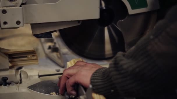 El artesano está trabajando en la máquina de sierra eléctrica. Aserrar una gran barra de madera. El hombre cortó un trozo preciso para el trabajo. Movimiento lento — Vídeo de stock