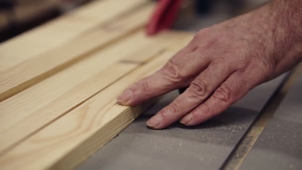 Slow motion carpenter wrinkled hands cutting wooden board on saw machine. Industrial machine with circular saw cuts wooden board. Male hands gently pushing a pattern to a circular disk. Slow motion — Stock Video