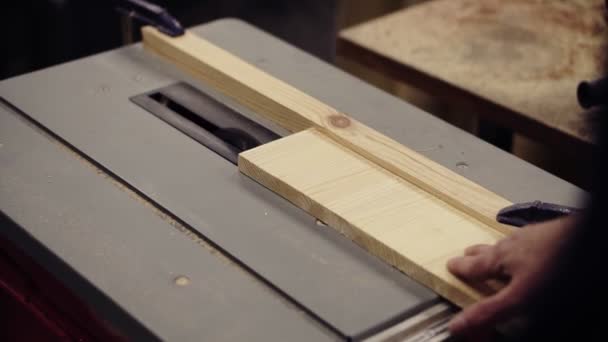 Testere makinesinde tahta keserken yüksek açılı görüntüler. Başla. Dairesel testereli endüstriyel makine tahta kesiyor. Ahşap atölyesinde, odun kesme makinesinde çalışıyorum. — Stok video