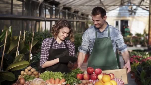 Filmagem em câmera lenta de um homem bonito e alto de avental verde carregando a caixa com vegetais e frutas frescas e irreconhecíveis para a mulher que vende produtos orgânicos. Ela conta a colheita e fazer anotações — Vídeo de Stock