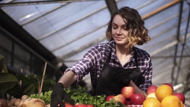 Low angle view of a beautiful, smiling woman farmer in black gloves arranging organic food in farm market - greens, eggs, vegetables standing indoors in spacious greenhouse. People, harvesting and — 비디오