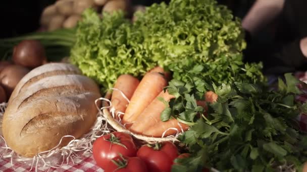 Ritratto di bella contadina che vende cibo biologico nel mercato agricolo sorridendo guardando la telecamera in piedi all'interno in una spaziosa e soleggiata serra. Filmati di cibo contadino: pane, uova, insalata, carota — Video Stock