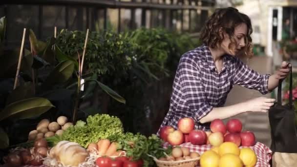 Portrait d'une jeune fille millénaire indépendante et joyeuse positive, confiante et réussie dans le commerce de détail, mettant tablier noir et prêt à travailler dans une serre intérieure lumineuse — Video