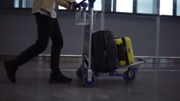 Неузнаваемый мужчина-пассажир с багажной тележкой в международном аэропорту. Прогулка в спешке, вид сбоку — стоковое видео
