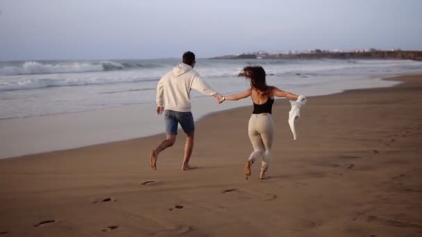 Para cieszyć letnie wakacje na dużej plaży, cieszyć się życiem i działa w scenerii slow motion video na tle krajobraz oceanu. Młoda para wpada do tropikalnego oceanu rzadki widok — Wideo stockowe