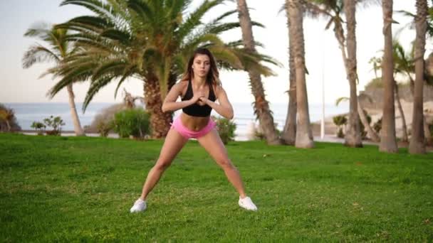 Delighted slanke dame in sportkleding doet side squats, stretching benen op zonnige dag op tropische resort. Fitness meisje doet workout tijdens de vakantie. Palmen en oceaan op de achtergrond — Stockvideo