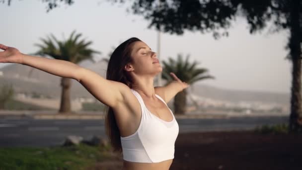 Mujer de pelo largo haciendo estiramiento muscular al aire libre. Caliente antes de trotar con palmeras en el fondo. Retrato de una chica sonriente ejerciendo al aire libre, calentando — Vídeos de Stock