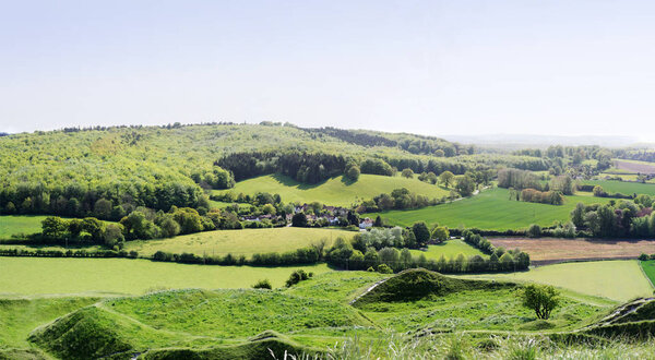 Panoramic view from Cley Hill to the fields and farms, Wiltshire, England.