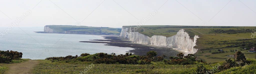 Panoramic view to the Seven Sisters from Beachy Head. A chalk headland in East Sussex, England.