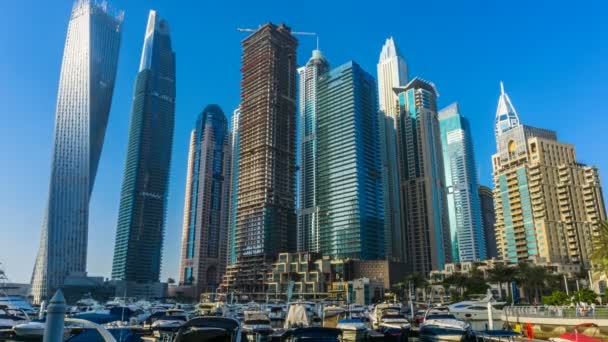 Čas Západu Slunce Pohled Promenáda Dubai Marina Moderní Věže Plovoucí — Stock video