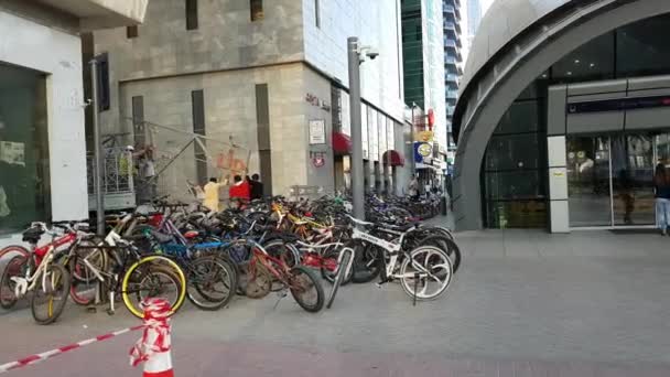 Bicycle parking at the entrance to Burj Khalifa Dubai Mall Metro Station. Dubai, UAE — Stock Video