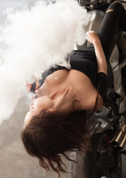 Sexy woman red lips vaping — Stock Photo, Image