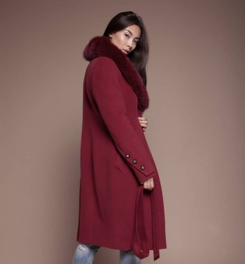 Kış kadın lüks kürk manto. Moda Asya modeli om bej arka plan.