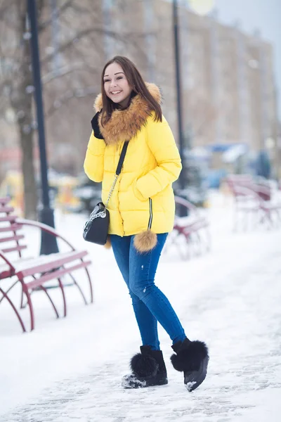 Gyönyörű téli portré fiatal nő a téli havas táj. Gyönyörű lány téli ruha. Fiatal nő portréja. szépség lány az elmosódott háttér — Stock Fotó