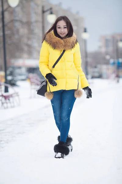 美しい冬の雪に覆われた冬景色の若い女性の肖像画。冬の服の美しい少女。若い女性の肖像画。背景をぼかした写真の美しさの少女 — ストック写真