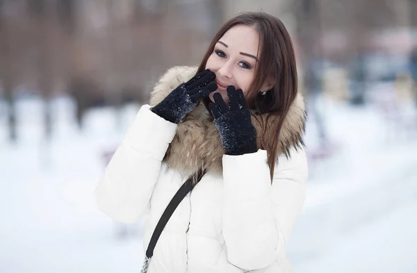 美しい冬の雪に覆われた冬景色の若い女性の肖像画。冬の服の美しい少女。若い女性の肖像画。背景をぼかした写真の美しさの少女 — ストック写真