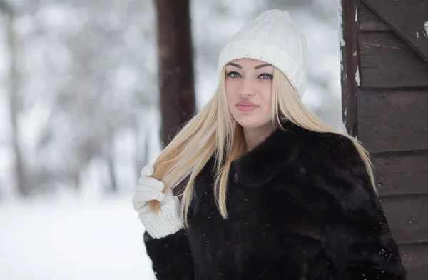Γελώντας την όμορφη ξανθιά κοπέλα πορτρέτο το χειμώνα με το χιόνι. — Φωτογραφία Αρχείου